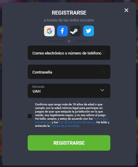 Inscripción en GG Bet Casino